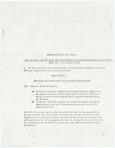 Reproduction de la trente-deuxi&egrave;me page de la loi 141, Amendement de 1968 &agrave; la Loi sur les &eacute;coles secondaires et les conseils scolaires en Ontario, 3 juillet 1968.