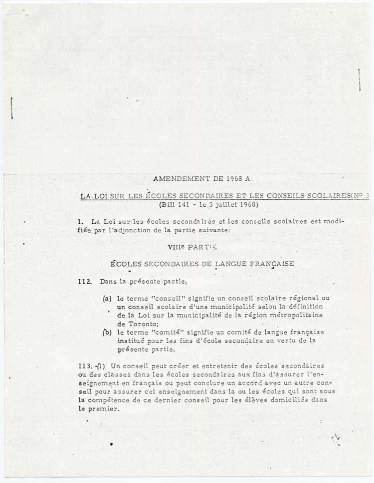 Reproduction de la trente-deuxi&egrave;me page de la loi 141, Amendement de 1968 &agrave; la Loi sur les &eacute;coles secondaires et les conseils scolaires en Ontario, 3 juillet 1968.