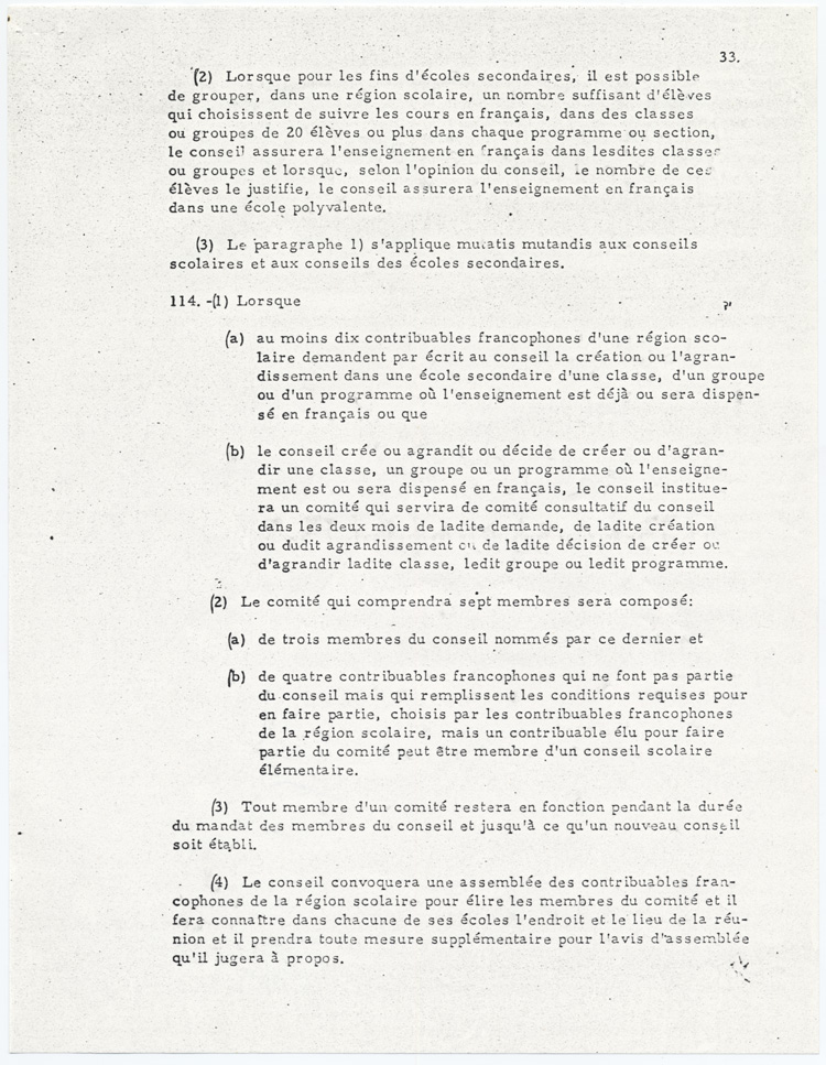 Reproduction de la trente-troisi&egrave;me page de la loi 141, Amendement de 1968 &agrave; la Loi sur les &eacute;coles secondaires et les conseils scolaires en Ontario, 3 juillet 1968.