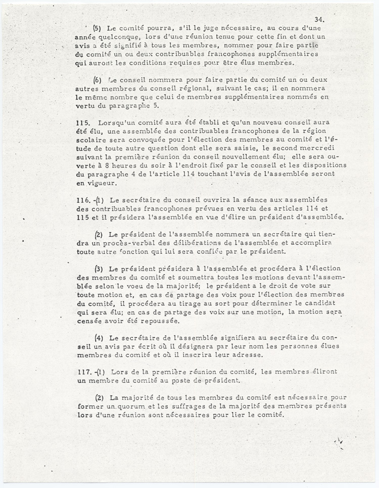 Reproduction de la trente-quatri&egrave;me page de la loi 141, Amendement de 1968 &agrave; la Loi sur les &eacute;coles secondaires et les conseils scolaires en Ontario, 3 juillet 1968.