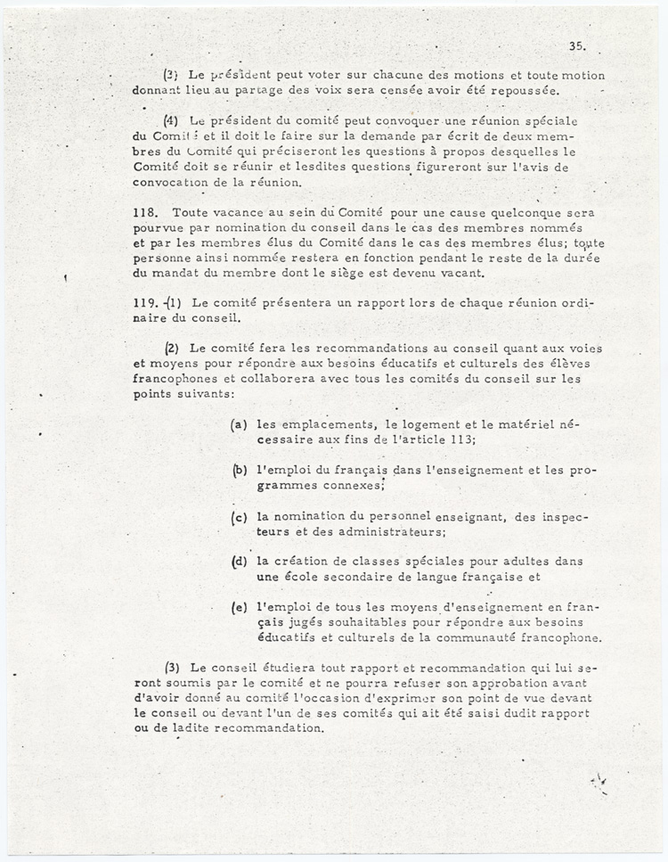 Reproduction de la trente-cinqui&egrave;me page de la loi 141, Amendement de 1968 &agrave; la Loi sur les &eacute;coles secondaires et les conseils scolaires en Ontario, 3 juillet 1968.