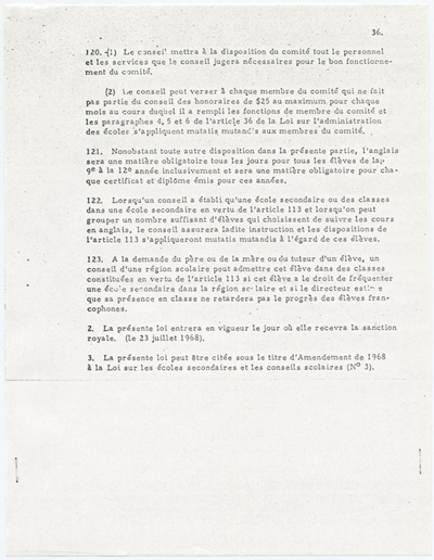 Reproduction de la trente-sixi&egrave;me page de la loi 141, Amendement de 1968 &agrave; la Loi sur les &eacute;coles secondaires et les conseils scolaires en Ontario, 3 juillet 1968.