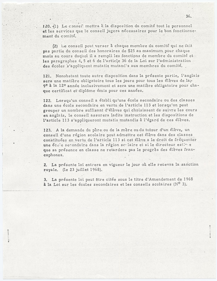 Reproduction de la trente-sixi&egrave;me page de la loi 141, Amendement de 1968 &agrave; la Loi sur les &eacute;coles secondaires et les conseils scolaires en Ontario, 3 juillet 1968.