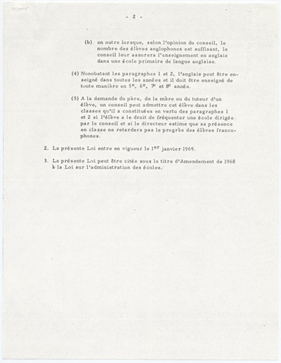 Reproduction de la deuxi&egrave;me page de la loi 140, Amendement de 1968 &agrave; la Loi sur l’administration des &eacute;coles en Ontario, 3 juillet 1968.
