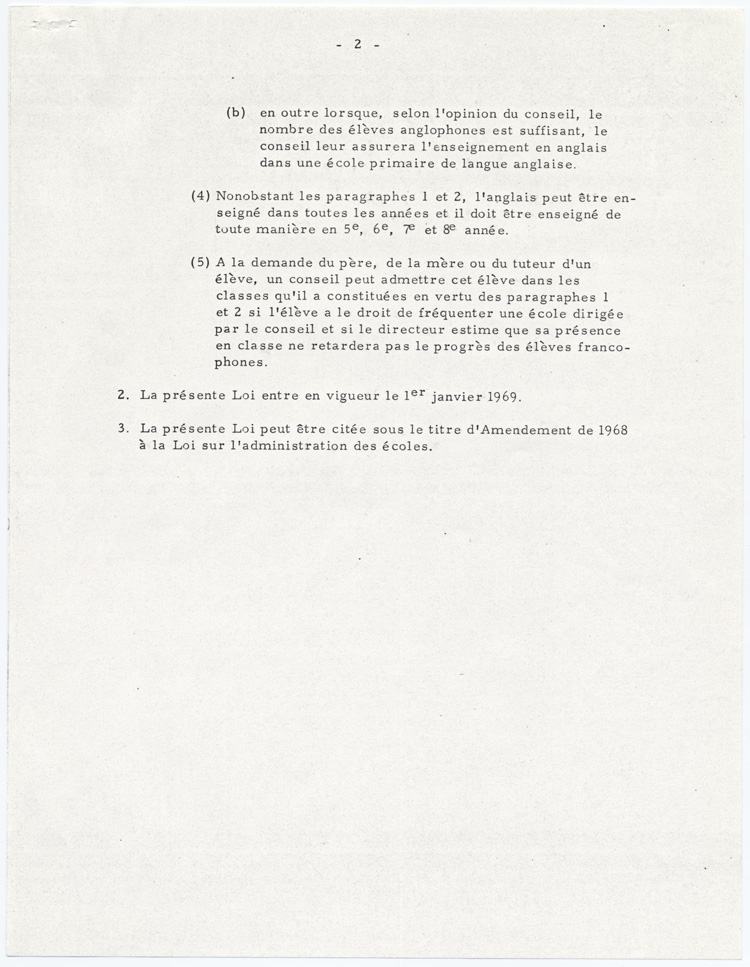 Reproduction de la deuxi&egrave;me page de la loi 140, Amendement de 1968 &agrave; la Loi sur l’administration des &eacute;coles en Ontario, 3 juillet 1968.