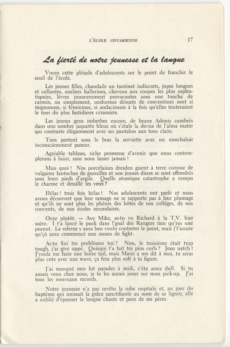 Reproduction de la dix-septi&egrave;me page du quatri&egrave;me num&eacute;ro du onzi&egrave;me volume de la revue p&eacute;dagogique L’&eacute;cole ontarienne comprenant un article de Lauretta L&eacute;v&ecirc;que intitul&eacute; La fiert&eacute; de notre jeunesse et la langue, juin 1957.