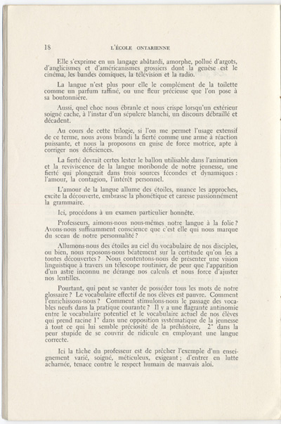 Reproduction de la dix-huiti&egrave;me page du quatri&egrave;me num&eacute;ro du onzi&egrave;me volume de la revue p&eacute;dagogique L’&eacute;cole ontarienne comprenant un article de Lauretta L&eacute;v&ecirc;que intitul&eacute; La fiert&eacute; de notre jeunesse et la langue, juin 1957.