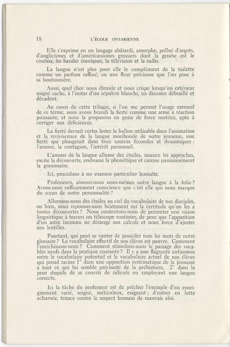 Reproduction de la dix-huiti&egrave;me page du quatri&egrave;me num&eacute;ro du onzi&egrave;me volume de la revue p&eacute;dagogique L’&eacute;cole ontarienne comprenant un article de Lauretta L&eacute;v&ecirc;que intitul&eacute; La fiert&eacute; de notre jeunesse et la langue, juin 1957.