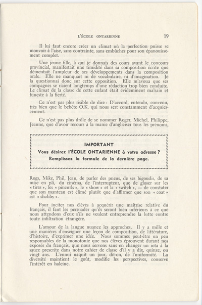 Reproduction de la dix-neuvi&egrave;me page du quatri&egrave;me num&eacute;ro du onzi&egrave;me volume de la revue p&eacute;dagogique L’&eacute;cole ontarienne comprenant un article de Lauretta L&eacute;v&ecirc;que intitul&eacute; La fiert&eacute; de notre jeunesse et la langue, juin 1957.