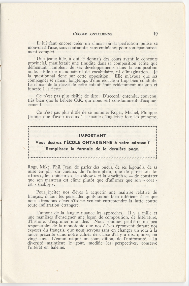 Reproduction de la dix-neuvi&egrave;me page du quatri&egrave;me num&eacute;ro du onzi&egrave;me volume de la revue p&eacute;dagogique L’&eacute;cole ontarienne comprenant un article de Lauretta L&eacute;v&ecirc;que intitul&eacute; La fiert&eacute; de notre jeunesse et la langue, juin 1957.
