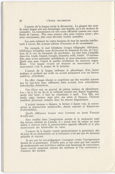 Reproduction de la vingti&egrave;me page du quatri&egrave;me num&eacute;ro du onzi&egrave;me volume de la revue p&eacute;dagogique L’&eacute;cole ontarienne comprenant un article de Lauretta L&eacute;v&ecirc;que intitul&eacute; La fiert&eacute; de notre jeunesse et la langue, juin 1957.