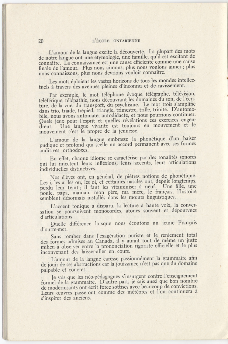 Reproduction de la vingti&egrave;me page du quatri&egrave;me num&eacute;ro du onzi&egrave;me volume de la revue p&eacute;dagogique L’&eacute;cole ontarienne comprenant un article de Lauretta L&eacute;v&ecirc;que intitul&eacute; La fiert&eacute; de notre jeunesse et la langue, juin 1957.
