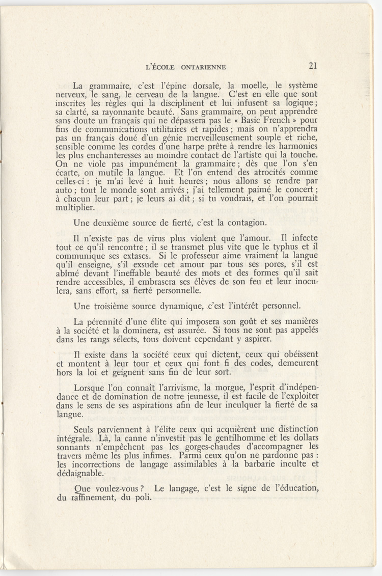 Reproduction de la vingt et uni&egrave;me page du quatri&egrave;me num&eacute;ro du onzi&egrave;me volume de la revue p&eacute;dagogique L’&eacute;cole ontarienne comprenant un article de Lauretta L&eacute;v&ecirc;que intitul&eacute; La fiert&eacute; de notre jeunesse et la langue, juin 1957.