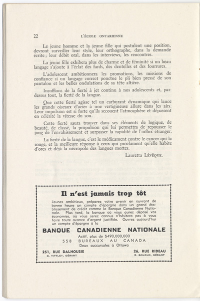 Reproduction de la vingt-deuxi&egrave;me page du quatri&egrave;me num&eacute;ro du onzi&egrave;me volume de la revue p&eacute;dagogique L’&eacute;cole ontarienne comprenant un article de Lauretta L&eacute;v&ecirc;que intitul&eacute; La fiert&eacute; de notre jeunesse et la langue, juin 1957.