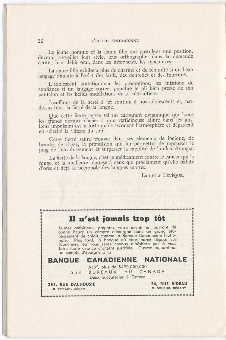 Reproduction de la vingt-deuxi&egrave;me page du quatri&egrave;me num&eacute;ro du onzi&egrave;me volume de la revue p&eacute;dagogique L’&eacute;cole ontarienne comprenant un article de Lauretta L&eacute;v&ecirc;que intitul&eacute; La fiert&eacute; de notre jeunesse et la langue, juin 1957.