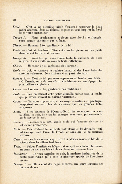 Reproduction de la vingt-huiti&egrave;me page du troisi&egrave;me num&eacute;ro du quatorzi&egrave;me volume de L’&eacute;cole franco-ontarienne, comprenant un article intitul&eacute; Hommage &agrave; l’&eacute;cole franco-ontarienne, par soeur Saint-Madeleine, s.g.c., enseignante au couvent de Kapuskasing (Ontario), janvier 1958.