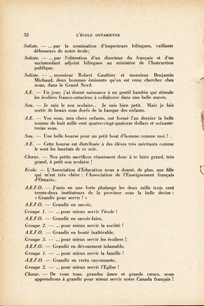 Reproduction de la trente-deuxi&egrave;me page du troisi&egrave;me num&eacute;ro du quatorzi&egrave;me volume de L’&eacute;cole franco-ontarienne, comprenant un article intitul&eacute; Hommage &agrave; l’&eacute;cole franco-ontarienne, par soeur Saint-Madeleine, s.g.c., enseignante au couvent de Kapuskasing (Ontario), janvier 1958.