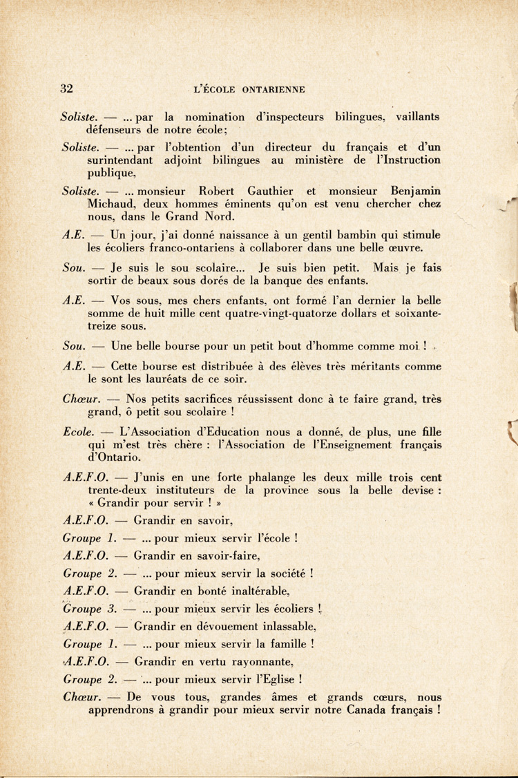 Reproduction de la trente-deuxi&egrave;me page du troisi&egrave;me num&eacute;ro du quatorzi&egrave;me volume de L’&eacute;cole franco-ontarienne, comprenant un article intitul&eacute; Hommage &agrave; l’&eacute;cole franco-ontarienne, par soeur Saint-Madeleine, s.g.c., enseignante au couvent de Kapuskasing (Ontario), janvier 1958.