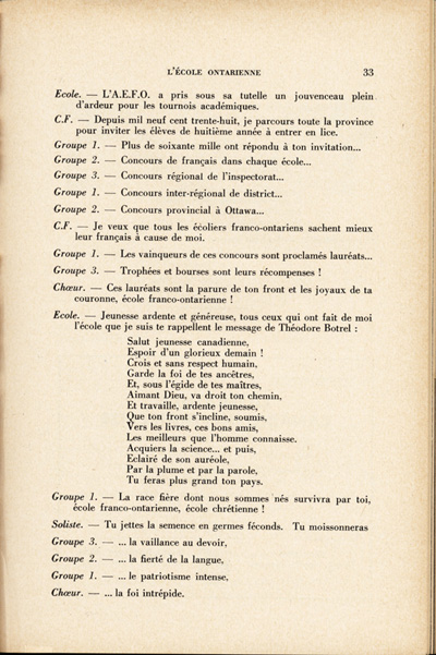 Reproduction de la trente-troisi&egrave;me page du troisi&egrave;me num&eacute;ro du quatorzi&egrave;me volume de L’&eacute;cole franco-ontarienne, comprenant un article intitul&eacute; Hommage &agrave; l’&eacute;cole franco-ontarienne, par soeur Saint-Madeleine, s.g.c., enseignante au couvent de Kapuskasing (Ontario), janvier 1958.