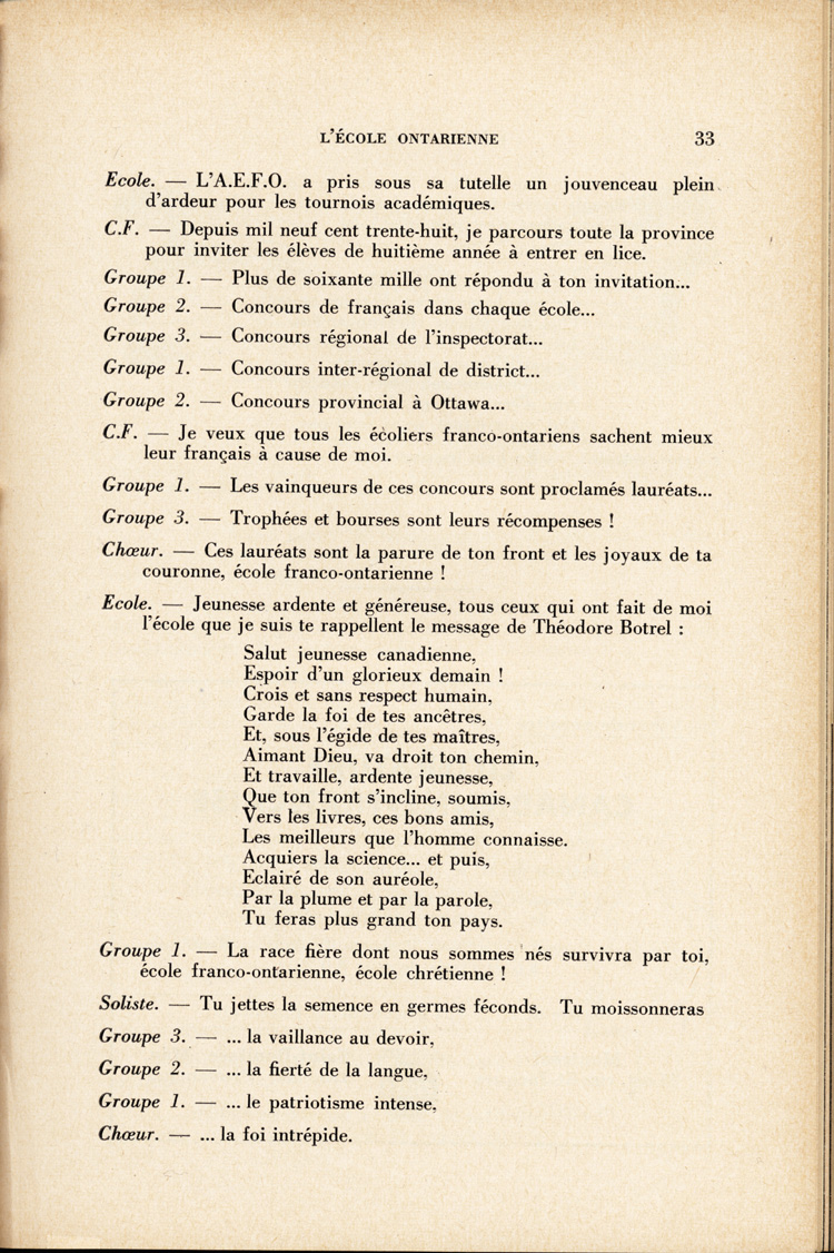 Reproduction de la trente-troisi&egrave;me page du troisi&egrave;me num&eacute;ro du quatorzi&egrave;me volume de L’&eacute;cole franco-ontarienne, comprenant un article intitul&eacute; Hommage &agrave; l’&eacute;cole franco-ontarienne, par soeur Saint-Madeleine, s.g.c., enseignante au couvent de Kapuskasing (Ontario), janvier 1958.