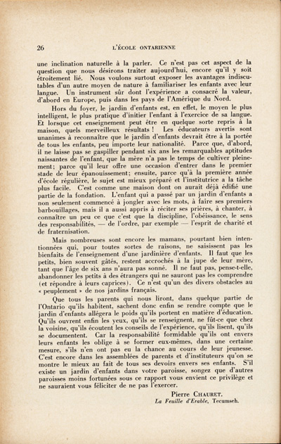 Reproduction de la vingt-sixi&egrave;me page du troisi&egrave;me num&eacute;ro du quatorzi&egrave;me volume de la revue p&eacute;dagogique L’&eacute;cole ontarienne, comprenant un article de Pierre Chauret paru originalement dans La Feuille d’&eacute;rable et intitul&eacute; Cultivons nos jardins, au sujet des jardins d’enfants, un frein &agrave; l’assimilation, janvier 1958.