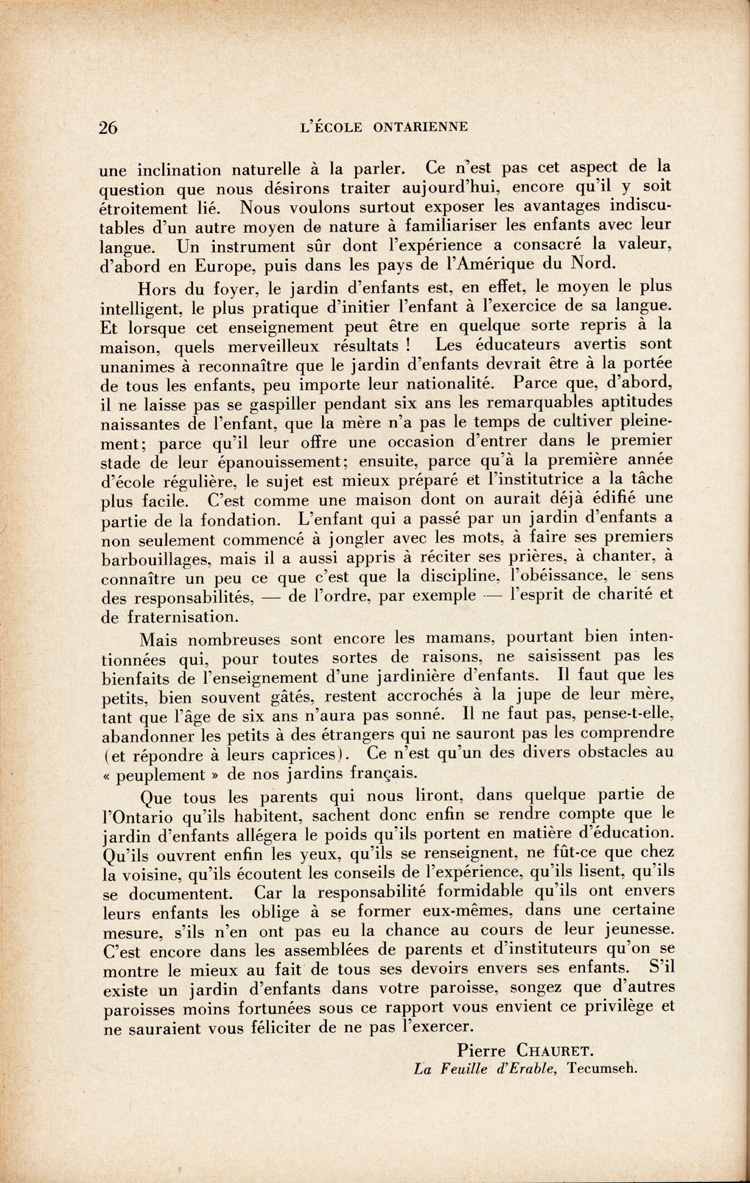 Reproduction de la vingt-sixi&egrave;me page du troisi&egrave;me num&eacute;ro du quatorzi&egrave;me volume de la revue p&eacute;dagogique L’&eacute;cole ontarienne, comprenant un article de Pierre Chauret paru originalement dans La Feuille d’&eacute;rable et intitul&eacute; Cultivons nos jardins, au sujet des jardins d’enfants, un frein &agrave; l’assimilation, janvier 1958.