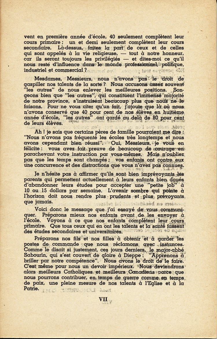 Reproduction de la septième page de premier numéro du premier volume de la revue pédagogique L’école ontarienne comprenant le texte d’une causerie de Robert Gauthier prononcée, le 8 novembre 1942, au poste radiophonique CKCH et intitulée La famille et l’école, au sujet des jardins d’enfants, décembre 1943.