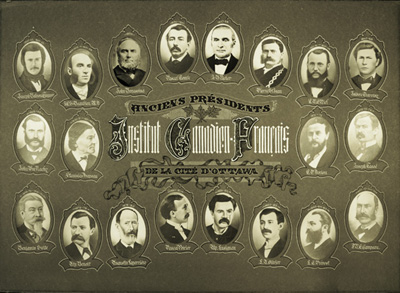 Reproduction d’un tableau de photographies des pr&eacute;sidents de l’Institut canadiens-fran&ccedil;ais d’Ottawa, de 1852 &agrave; 1898, ca 1898.
