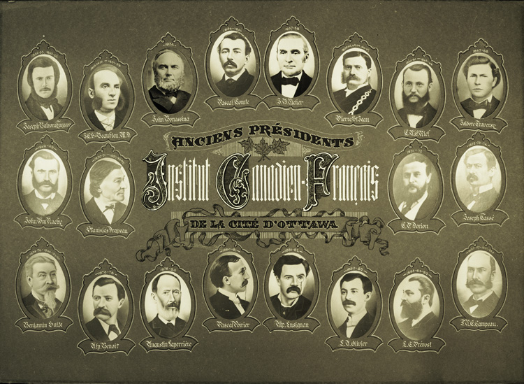 Reproduction d’un tableau de photographies des pr&eacute;sidents de l’Institut canadiens-fran&ccedil;ais d’Ottawa, de 1852 &agrave; 1898, ca 1898.