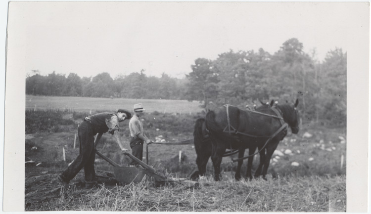Reproduction d’une photographie des travaux de labour sur la ferme des p&egrave;res Blancs, Vanier (Ontario), 1940.