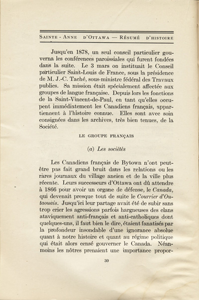 Reproduction de la trenti&egrave;me page de Saint-Anne d’Ottawa, Un r&eacute;sum&eacute; d’histoire, 1873-1923, par Jules Tremblay, decrivant la population canadienne-fran&ccedil;aise de la ville d’Ottawa (Ontario), 1825 &agrave; 1924, 1925.