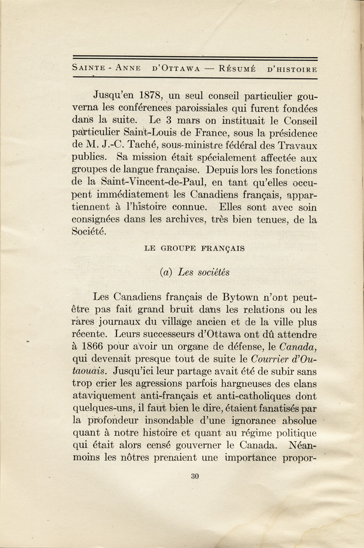 Reproduction de la trenti&egrave;me page de Saint-Anne d’Ottawa, Un r&eacute;sum&eacute; d’histoire, 1873-1923, par Jules Tremblay, decrivant la population canadienne-fran&ccedil;aise de la ville d’Ottawa (Ontario), 1825 &agrave; 1924, 1925.