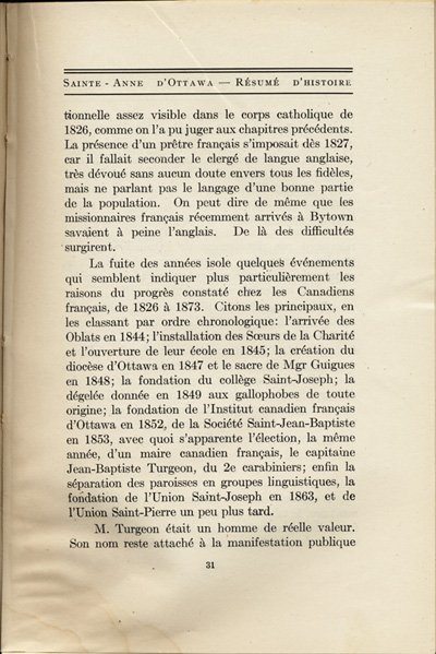 Reproduction de la trente et uni&egrave;me page de Saint-Anne d’Ottawa, Un r&eacute;sum&eacute; d’histoire, 1873-1923, par Jules Tremblay, decrivant la population canadienne-fran&ccedil;aise de la ville d’Ottawa (Ontario), 1825 &agrave; 1924, 1925.