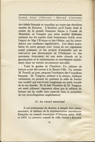 Reproduction de la trente-deuxi&egrave;me page de Saint-Anne d’Ottawa, Un r&eacute;sum&eacute; d’histoire, 1873-1923, par Jules Tremblay, decrivant la population canadienne-fran&ccedil;aise de la ville d’Ottawa (Ontario), 1825 &agrave; 1924, 1925.