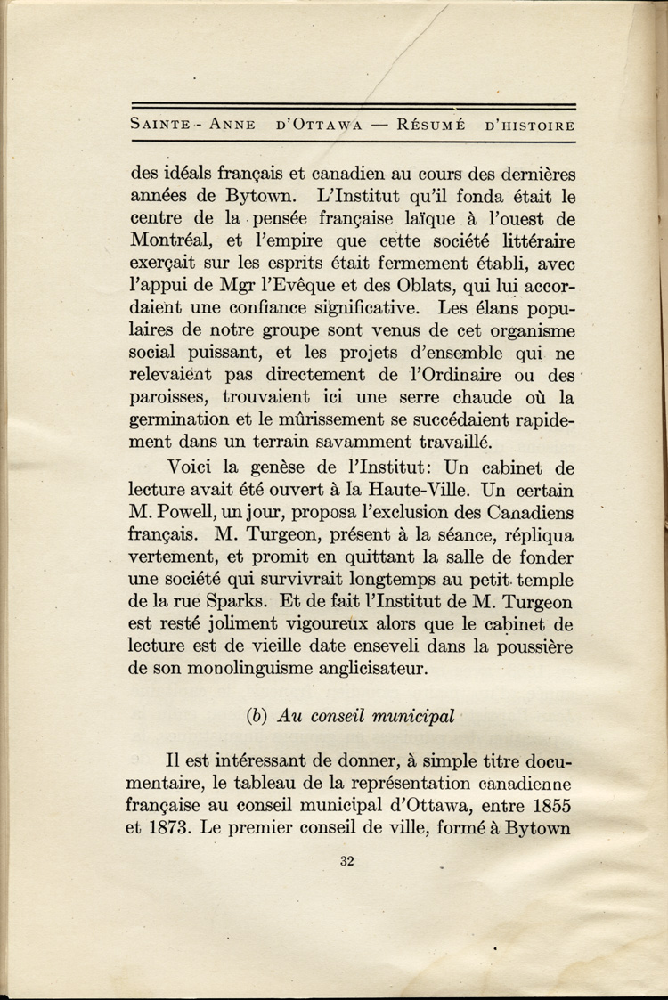 Reproduction de la trente-deuxi&egrave;me page de Saint-Anne d’Ottawa, Un r&eacute;sum&eacute; d’histoire, 1873-1923, par Jules Tremblay, decrivant la population canadienne-fran&ccedil;aise de la ville d’Ottawa (Ontario), 1825 &agrave; 1924, 1925.