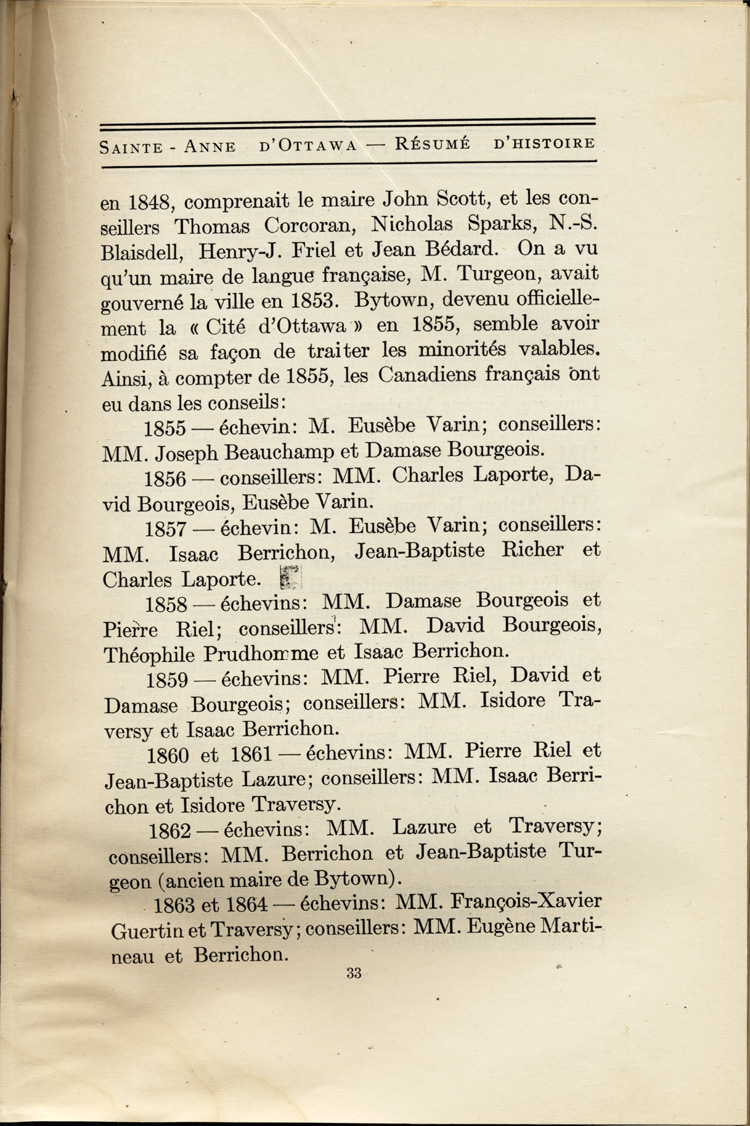 Reproduction de la trente-troisi&egrave;me page de Saint-Anne d’Ottawa, Un r&eacute;sum&eacute; d’histoire, 1873-1923, par Jules Tremblay, decrivant la population canadienne-fran&ccedil;aise de la ville d’Ottawa (Ontario), 1825 &agrave; 1924, 1925.