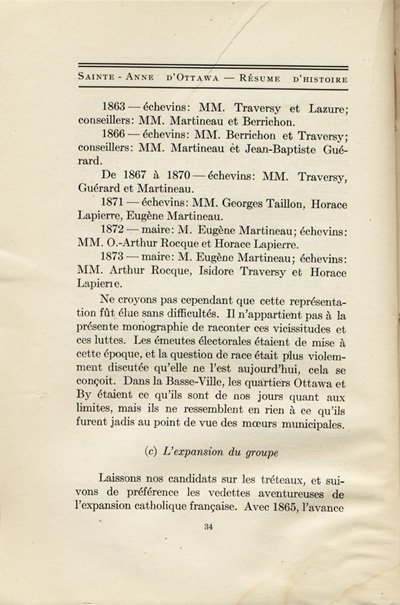 Reproduction de la trente-quatri&egrave;me page de Saint-Anne d’Ottawa, Un r&eacute;sum&eacute; d’histoire, 1873-1923, par Jules Tremblay, decrivant la population canadienne-fran&ccedil;aise de la ville d’Ottawa (Ontario), 1825 &agrave; 1924, 1925.