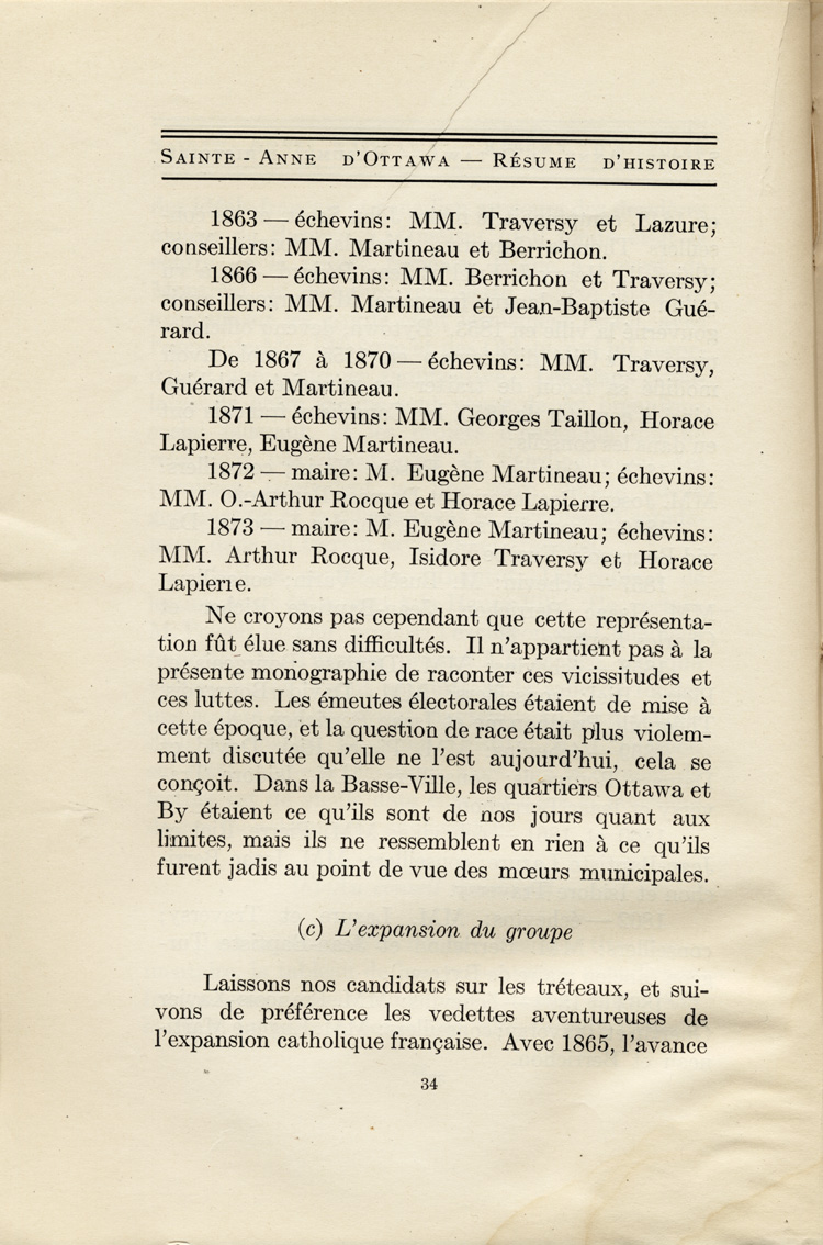 Reproduction de la trente-quatri&egrave;me page de Saint-Anne d’Ottawa, Un r&eacute;sum&eacute; d’histoire, 1873-1923, par Jules Tremblay, decrivant la population canadienne-fran&ccedil;aise de la ville d’Ottawa (Ontario), 1825 &agrave; 1924, 1925.