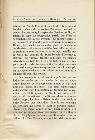 Reproduction de la trente-cinqui&egrave;me page de Saint-Anne d’Ottawa, Un r&eacute;sum&eacute; d’histoire, 1873-1923, par Jules Tremblay, decrivant la population canadienne-fran&ccedil;aise de la ville d’Ottawa (Ontario), 1825 &agrave; 1924, 1925.