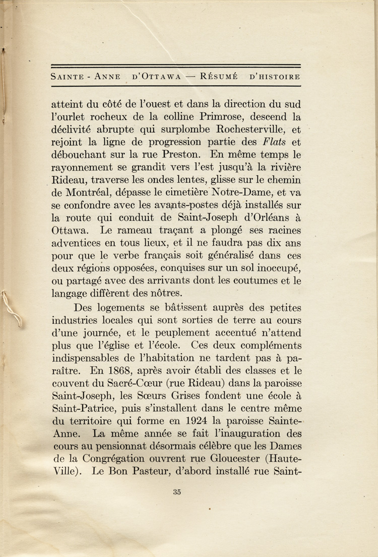 Reproduction de la trente-cinqui&egrave;me page de Saint-Anne d’Ottawa, Un r&eacute;sum&eacute; d’histoire, 1873-1923, par Jules Tremblay, decrivant la population canadienne-fran&ccedil;aise de la ville d’Ottawa (Ontario), 1825 &agrave; 1924, 1925.