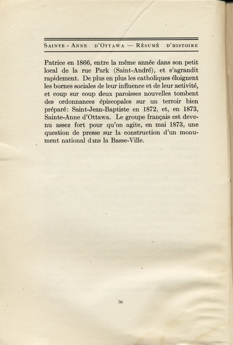 Reproduction de la trente-sixi&egrave;me page de Saint-Anne d’Ottawa, Un r&eacute;sum&eacute; d’histoire, 1873-1923, par Jules Tremblay, decrivant la population canadienne-fran&ccedil;aise de la ville d’Ottawa (Ontario), 1825 &agrave; 1924, 1925.