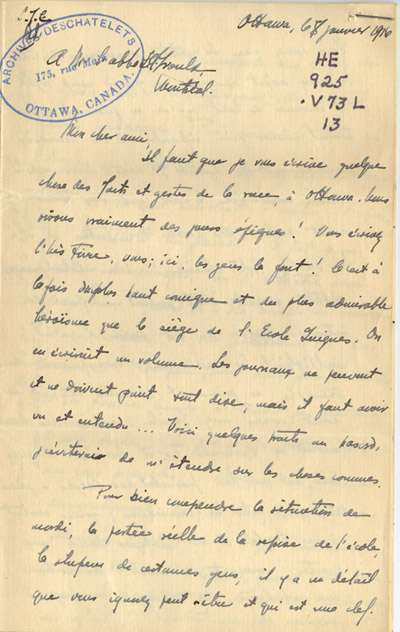Reproduction de la premi&egrave;re page d’une lettre du p&egrave;re Rodrigue Villeneuve &agrave; l’abb&eacute; Lionel Groulx, 7 au 9 janvier 1916.