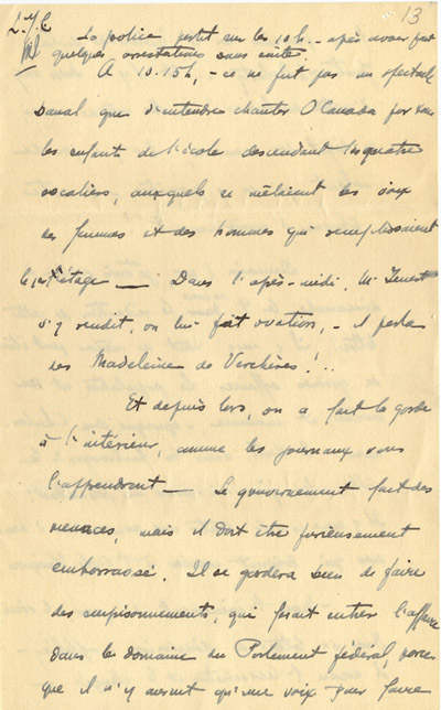 Reproduction de la treizi&egrave;me page d’une lettre du p&egrave;re Rodrigue Villeneuve &agrave; l’abb&eacute; Lionel Groulx, 7 au 9 janvier 1916.