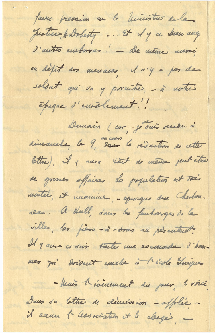 Reproduction de la quatorzi&egrave;me page d’une lettre du p&egrave;re Rodrigue Villeneuve &agrave; l’abb&eacute; Lionel Groulx, 7 au 9 janvier 1916.
