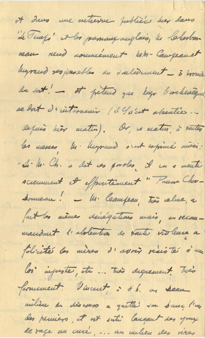 Reproduction de la quinzi&egrave;me page d’une lettre du p&egrave;re Rodrigue Villeneuve &agrave; l’abb&eacute; Lionel Groulx, 7 au 9 janvier 1916.