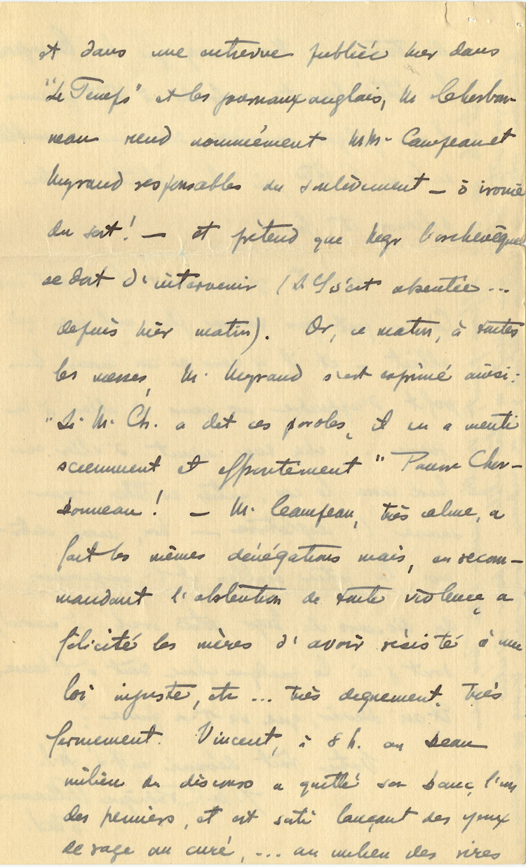 Reproduction de la quinzi&egrave;me page d’une lettre du p&egrave;re Rodrigue Villeneuve &agrave; l’abb&eacute; Lionel Groulx, 7 au 9 janvier 1916.