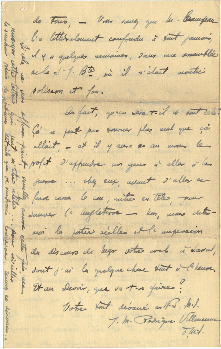 Reproduction de la seizi&egrave;me page d’une lettre du p&egrave;re Rodrigue Villeneuve &agrave; l’abb&eacute; Lionel Groulx, 7 au 9 janvier 1916.