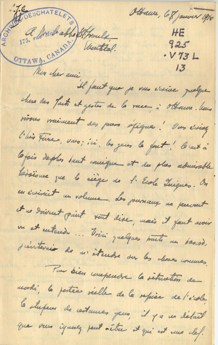 Reproduction de la premi&egrave;re page d’une lettre du p&egrave;re Rodrigue Villeneuve &agrave; l’abb&eacute; Lionel Groulx, 7 au 9 janvier 1916.