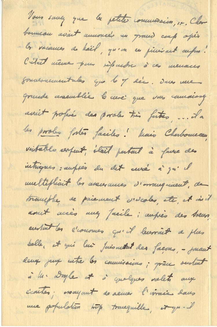 Reproduction de la deuxi&egrave;me page d’une lettre du p&egrave;re Rodrigue Villeneuve &agrave; l’abb&eacute; Lionel Groulx, 7 au 9 janvier 1916.