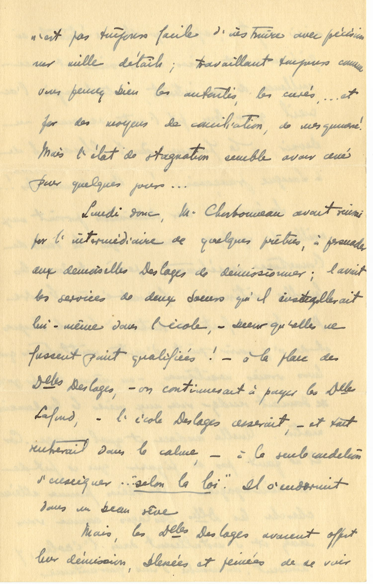 Reproduction de la troisi&egrave;me page d’une lettre du p&egrave;re Rodrigue Villeneuve &agrave; l’abb&eacute; Lionel Groulx, 7 au 9 janvier 1916.